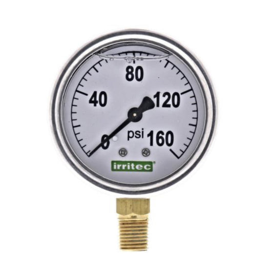 Gauge 0 - 160 psi, 2.5" face SS case, Liquid filled, 1/4" lower mount